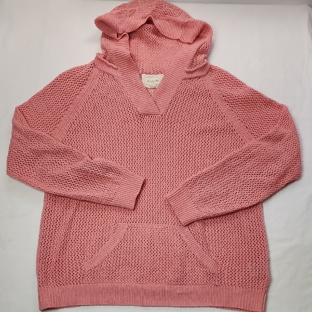 Shirt 469 Large Crochet Pink Linen/Cotton Hooded Kangaroo Pocket Pullover